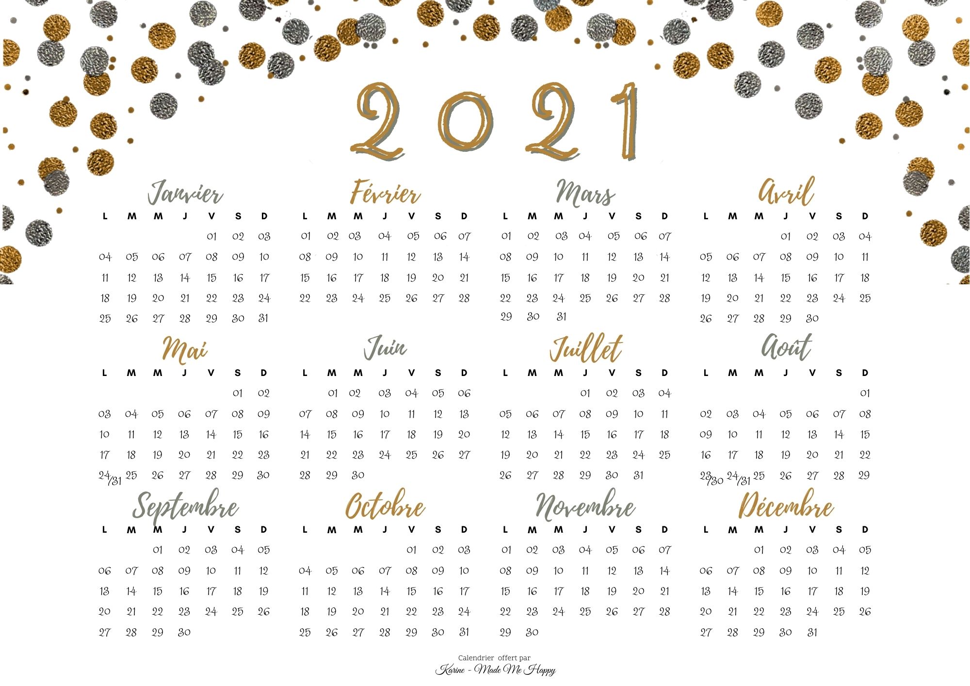 Calendriers 2021 à Imprimer Gratuitement (Hiver: Janvier, Février, Mars)